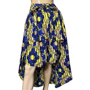 Laddi Women’s One Size Blue Yellow Tan African Print Tie Front Hi Low Maxi Skirt